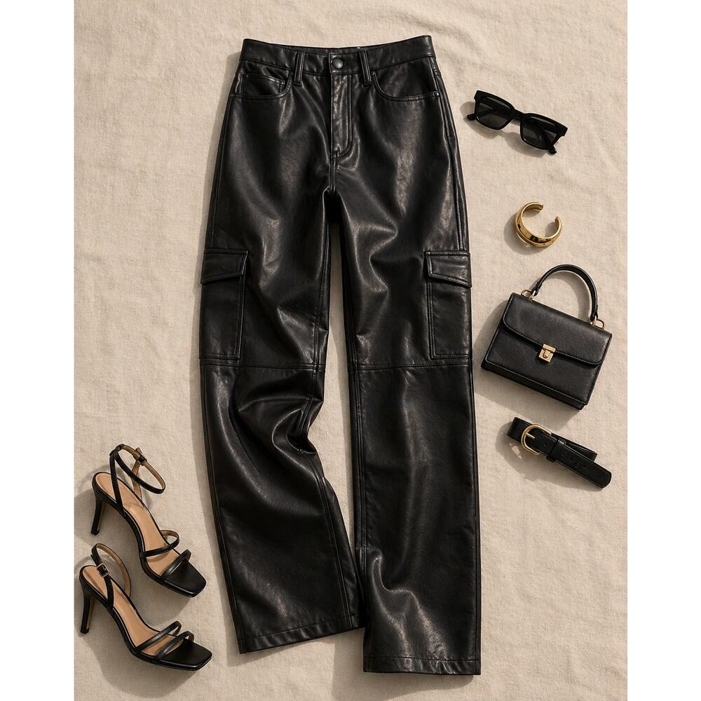 Abercrombie & Fitch Vegan Leather Straight Leg Pants Black High Rise Cargo 28L